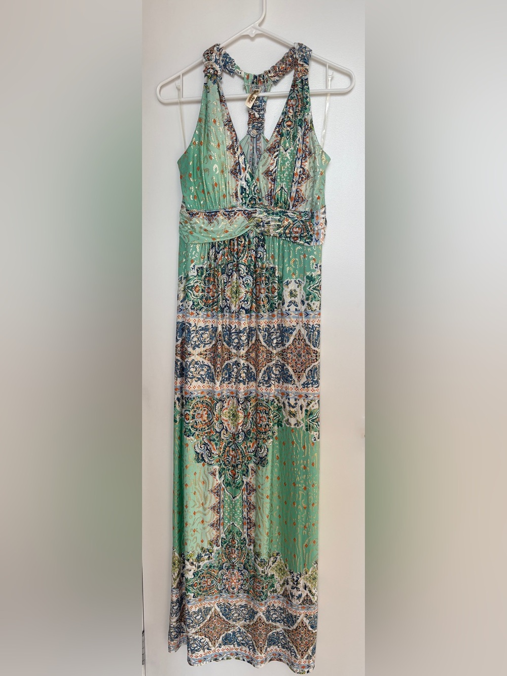 Sleeveless Mint Paisley Print Maxi Dress Gold shiny veins size 8-10 S/M